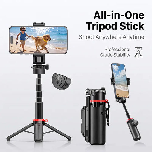 All-In-1 Folding Handheld Selfie Stick Tripod with Bluetooth Remote & Hook, Extendable Silicone-Stabilized Stand for Iphone/Android Smartphones & Cellphones, Box Packaged Streaming Equipment, Portable Travel Accessory, Smartphone, Remote Zoom