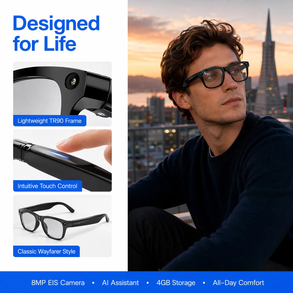 AI Smart Glasses with Camera - 800MP Imaging, 1080P HD Video, Touch Control & Voice Control, Bluetooth Wireless Audio Calls, Intelligent Recording, 27-Language Translation, Photochromic Lenses, Ideal for Meetings, Travel, Video Camera Glasses