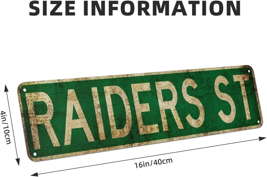 Raiders St Retro Road Sign -Street Signs 4X16 Inch Metal Sign, Aluminum Wall Decor for Man Cave, Car Dashboard, Christmas Holiday Decor, Drive Way Marker, Outdoor Signage, Gift Idea