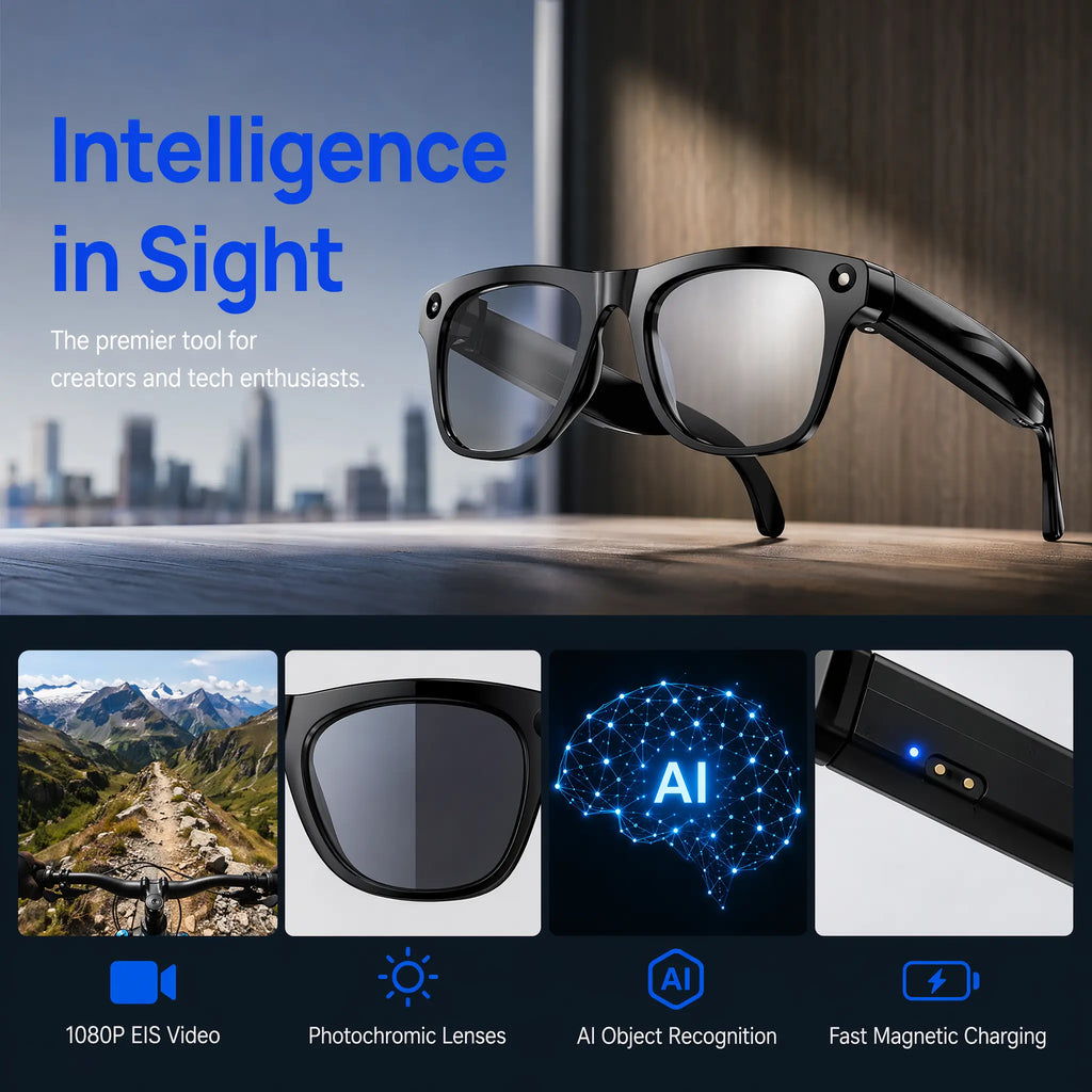 AI Smart Glasses with Camera - 800MP Imaging, 1080P HD Video, Touch Control & Voice Control, Bluetooth Wireless Audio Calls, Intelligent Recording, 27-Language Translation, Photochromic Lenses, Ideal for Meetings, Travel, Video Camera Glasses