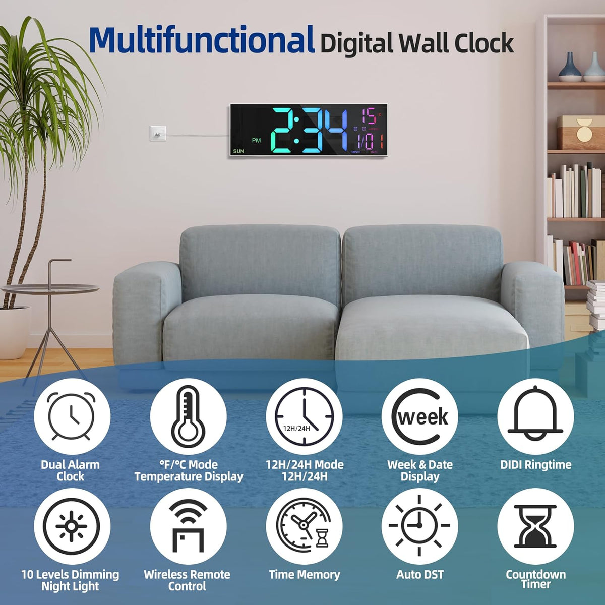 16.2" Digital Wall Clock – RGB, Remote, Dual Alarm, Auto-Brightness