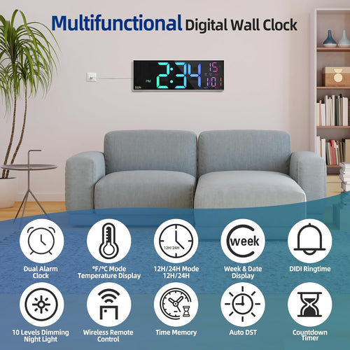 16.2" Digital Wall Clock – RGB, Remote, Dual Alarm, Auto-Brightness
