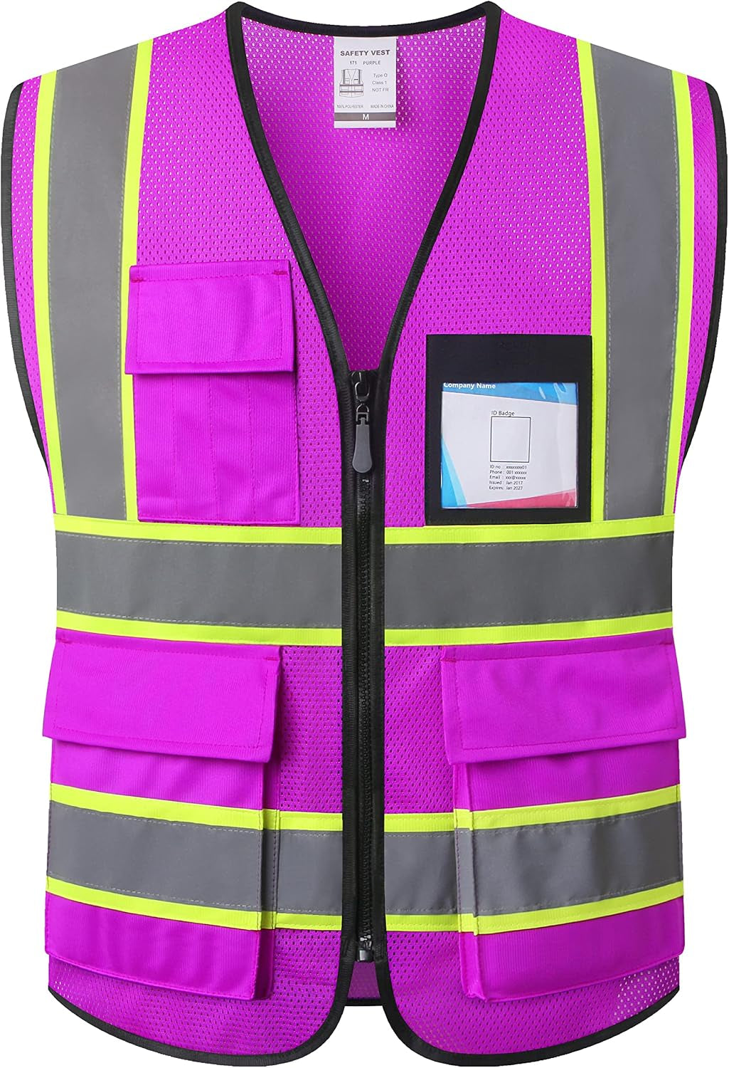 Reflective Safety Vest for Men Women High Visibility Vest with 8 Pockets and Front Zipper Mesh Reflective Vest (Black-07, X-Large)