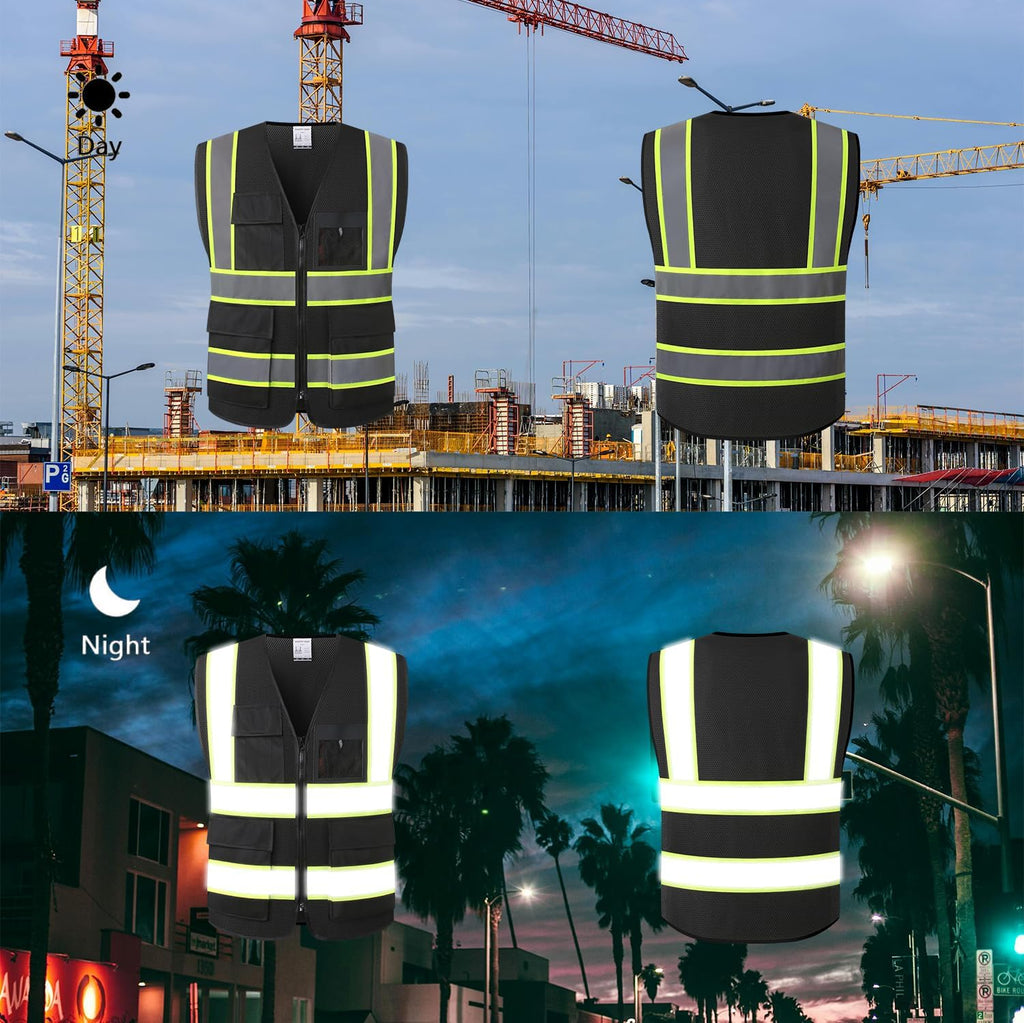 Reflective Safety Vest for Men Women High Visibility Vest with 8 Pockets and Front Zipper Mesh Reflective Vest (Black-07, X-Large)