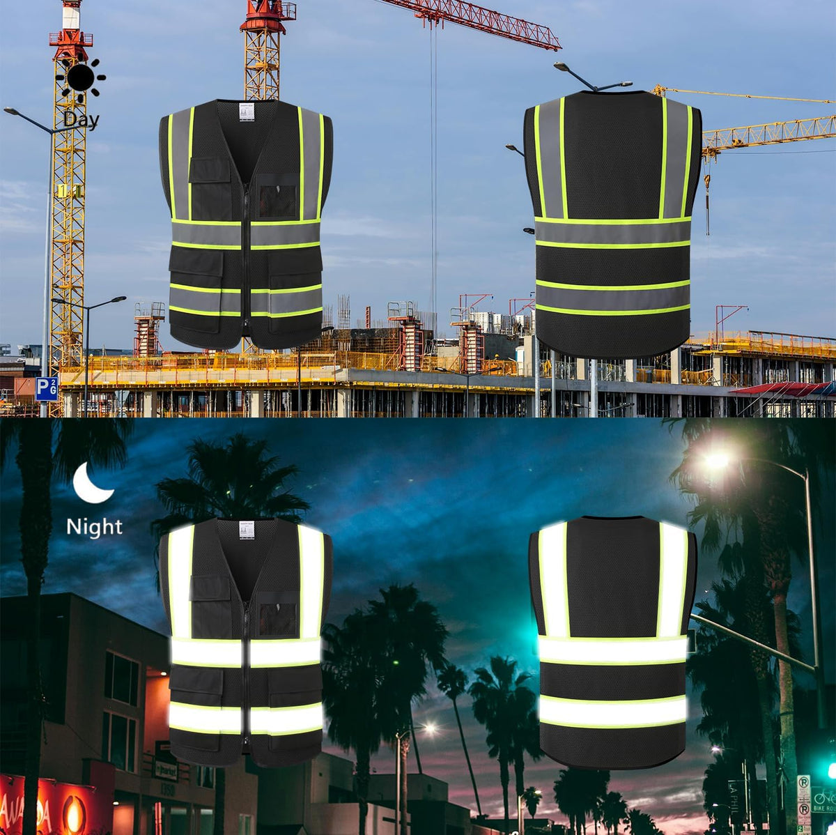 Reflective Safety Vest for Men Women High Visibility Vest with 8 Pockets and Front Zipper Mesh Reflective Vest (Black-07, X-Large)